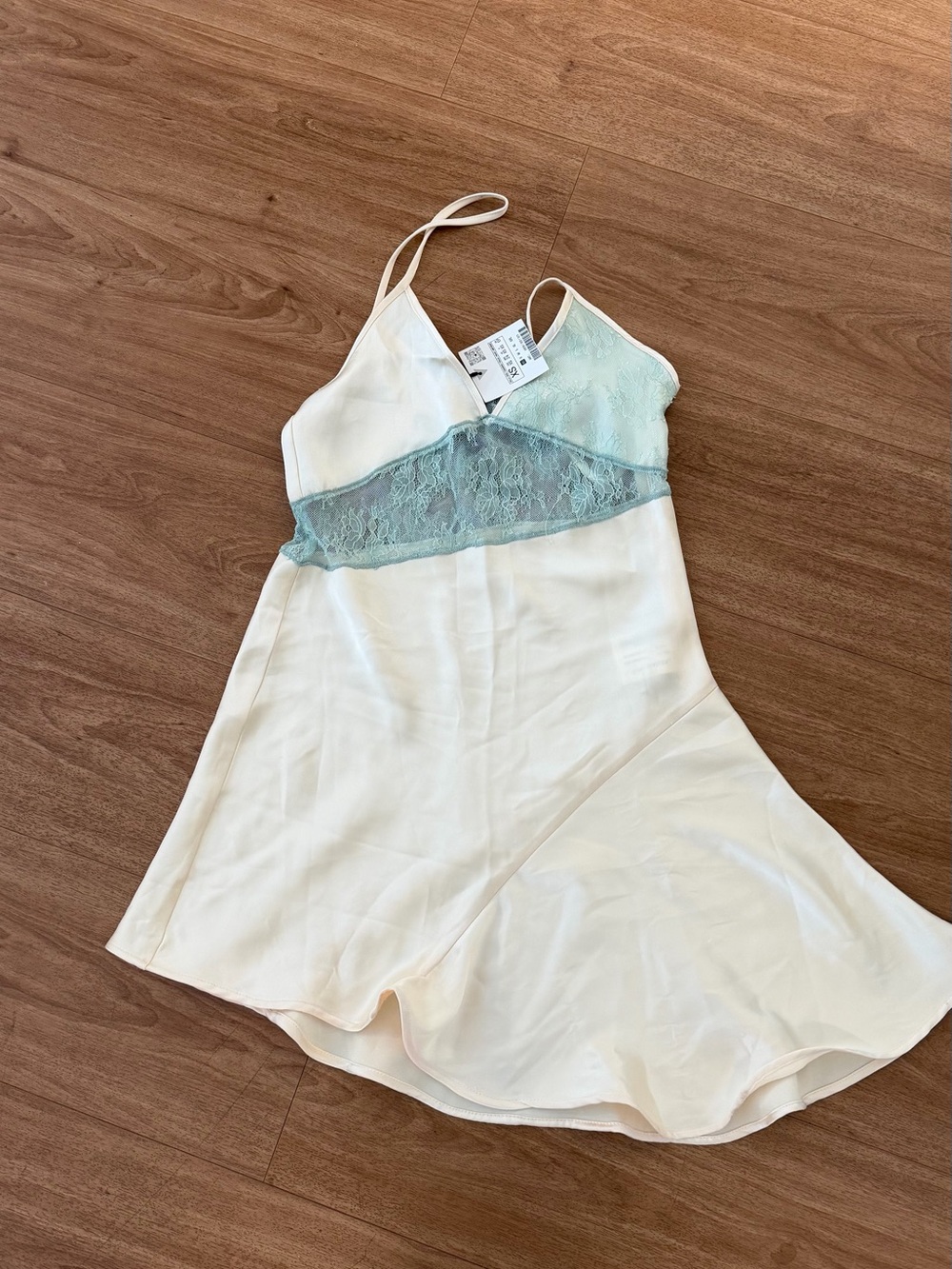 Zara Cream Satin Mini Dress with Sheer Lace Panel